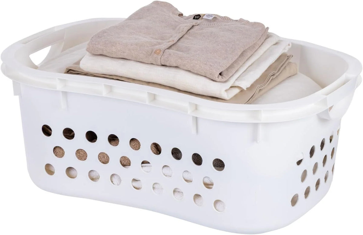 Plastic Laundry Basket - Large Clothes Hamper with Ventilation Holes, Built-In Handles & Hip Hold - 1.5 Bushel (50L) | White