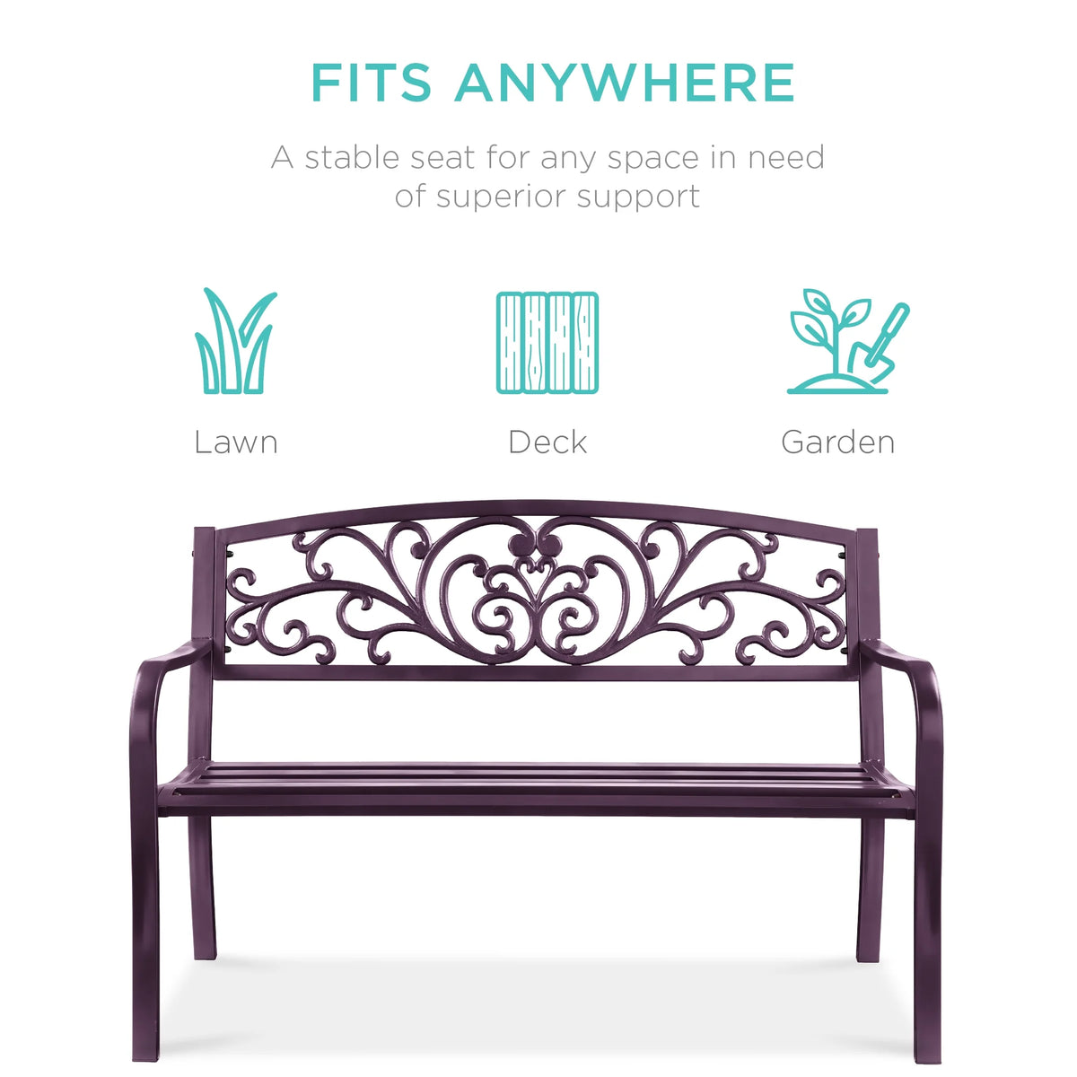 Best Choice Products Outdoor Steel Bench Garden Patio Porch Furniture W/ Floral Design Backrest - Black