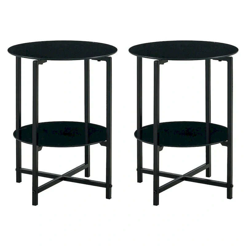 Black 2-Piece Tempered Glass End Table Set - Round Coffee Table for Bedroom, Living Room, and Office