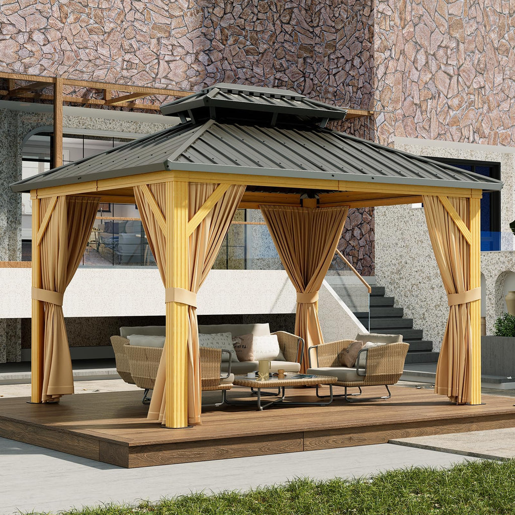 10X13 FT Outdoor Galvanised Steel Hardtop Gazebo, Heavy Duty Double Roof Outdoor Gazebo with Netting and Sunshade Curtains, Aluminium Framed Gazebo for Patio, Terrace, Lawn and Deck, Khaki