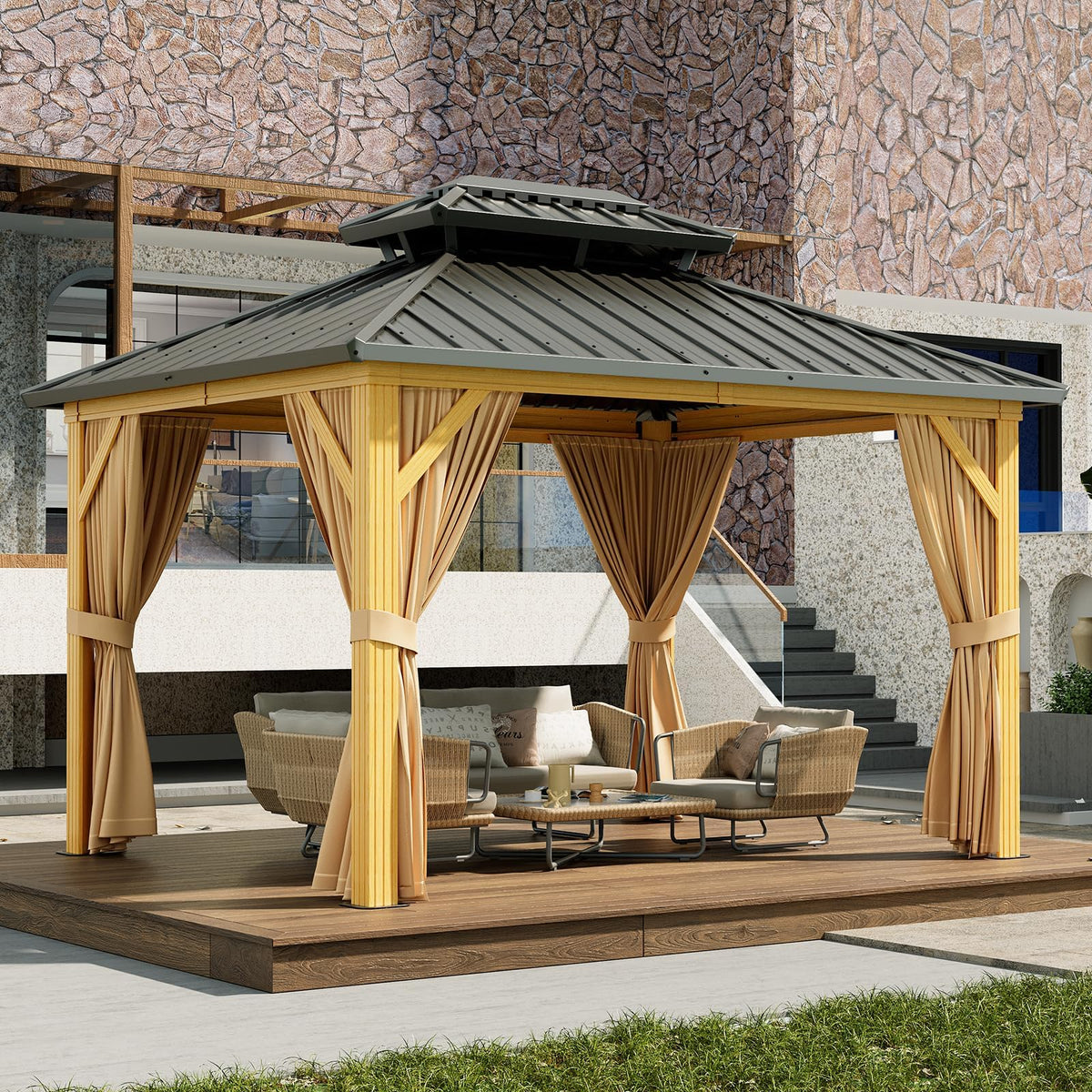 10X13 FT Outdoor Galvanised Steel Hardtop Gazebo, Heavy Duty Double Roof Outdoor Gazebo with Netting and Sunshade Curtains, Aluminium Framed Gazebo for Patio, Terrace, Lawn and Deck, Khaki