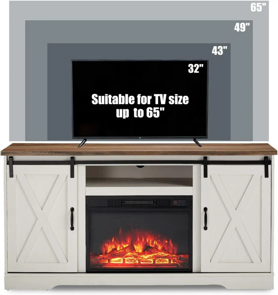 AMERLIFE Fireplace TV Stand with Sliding Barn Door for TVs up to 73", Farmhouse 63" Fireplace Entertainment Center with Storage Cabinets/Adjustable Shelves
