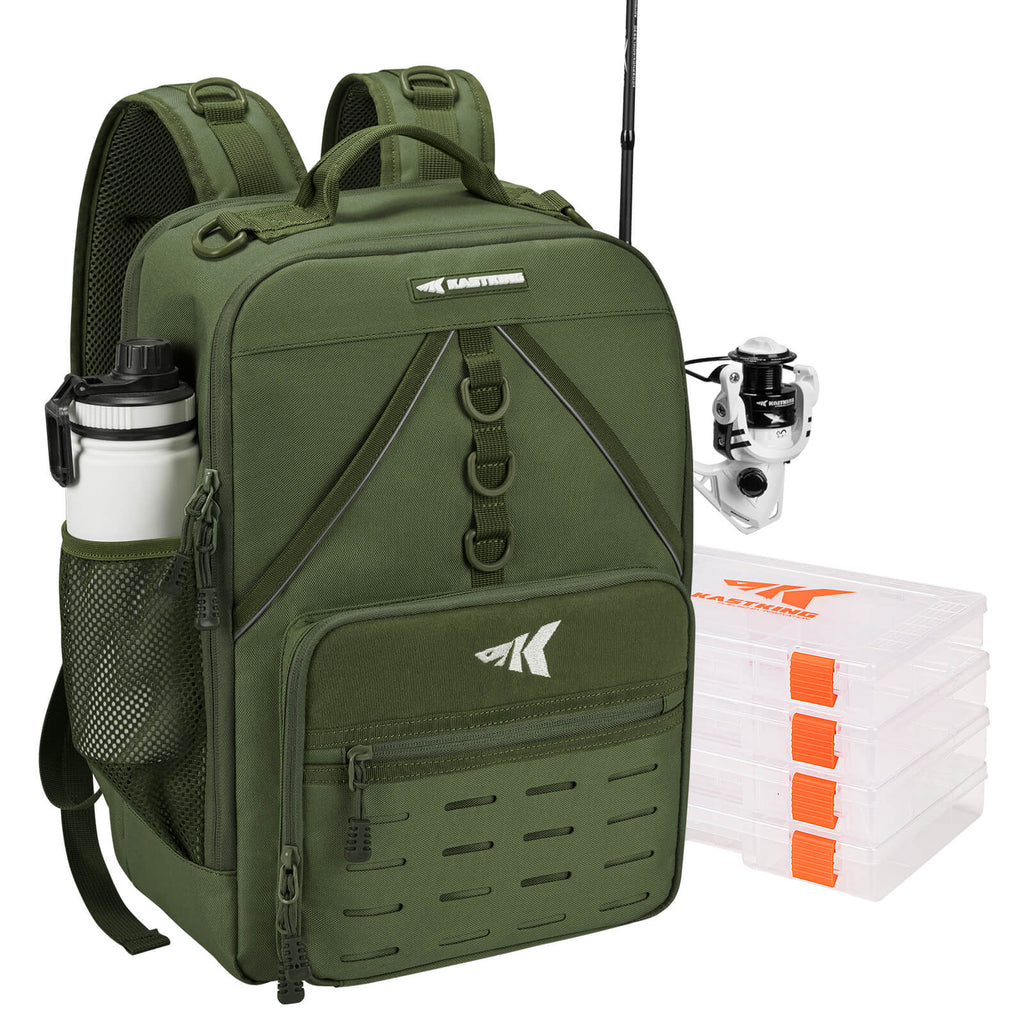 KastKing KarryAll Medium Fishing Tackle Daily Backpack | Army Green / Bag With 4pcs Tackle Box