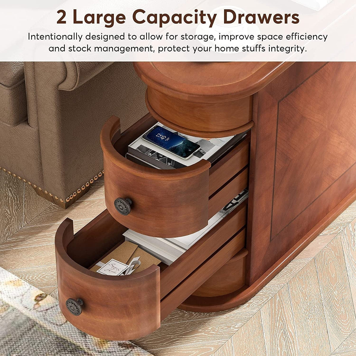 Solid Wood Chairside End Table, Two-Drawer Narrow Side Table Slim