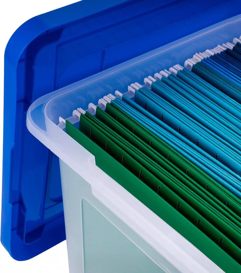 Plastic File Organizer Box With Lids Clear/Blue 35 Qt. 3 Pack