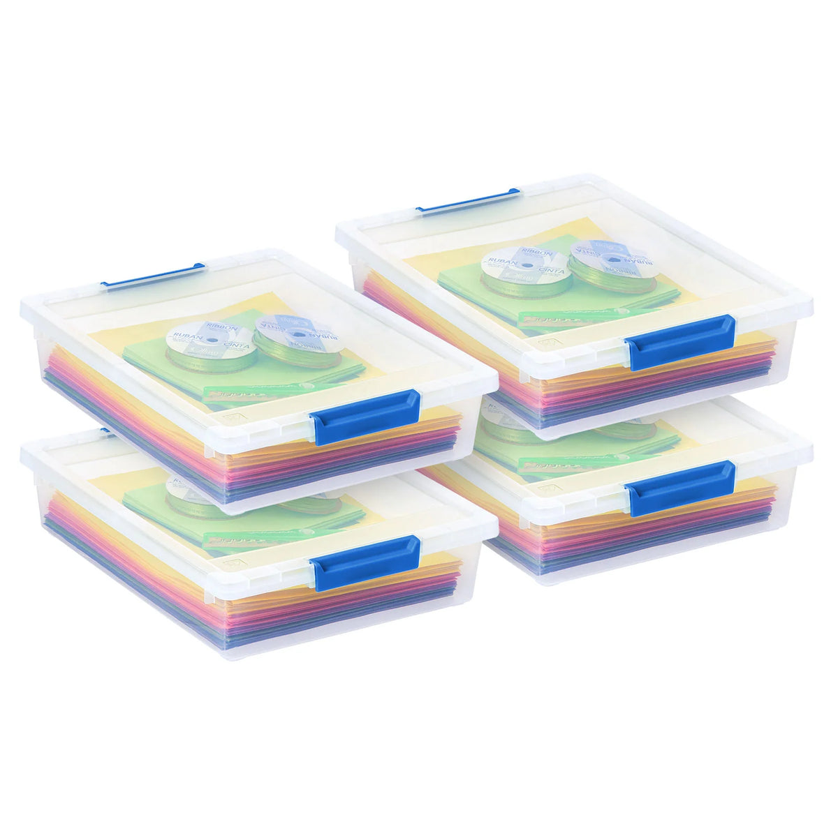6 Quart Large Clip Box, 4 Pack, Clear Plastic Storage Container Bins with Latching Lids, Organizing Container for Home, Office and School Supplies, Stackable, Seafoam Blue Buckles