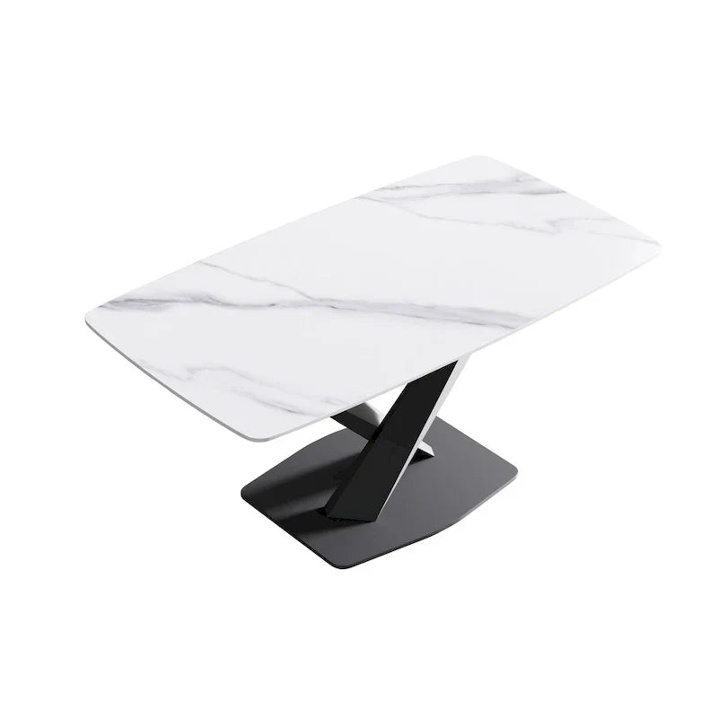 63-Inch Contemporary Dining Table with Slate Stone Surface and Metal Legs, Marble Finish