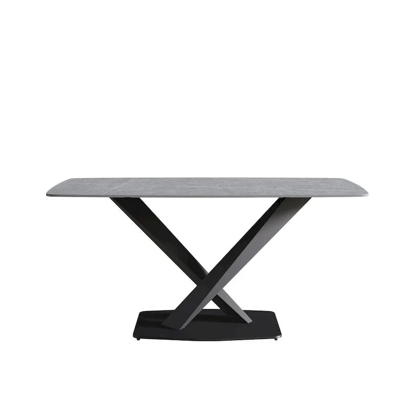63-Inch Contemporary Dining Table with Slate Stone Surface and Metal Legs, Marble Finish