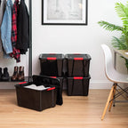 40 Qt. Plastic Storage Bin Tote Organizing Container with Durable Lid and Secure Latching Buckles, Stackable and Nestable, 4 Pack, Black with Red Buckles