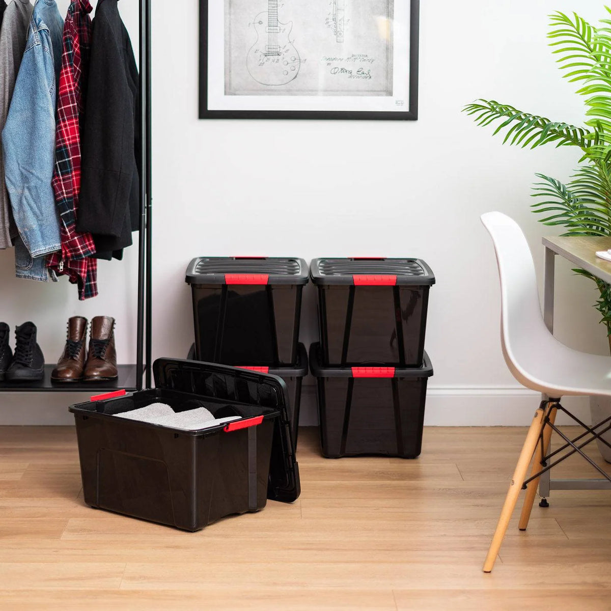 40 Qt. Plastic Storage Bin Tote Organizing Container with Durable Lid and Secure Latching Buckles, Stackable and Nestable, 4 Pack, Black with Red Buckles