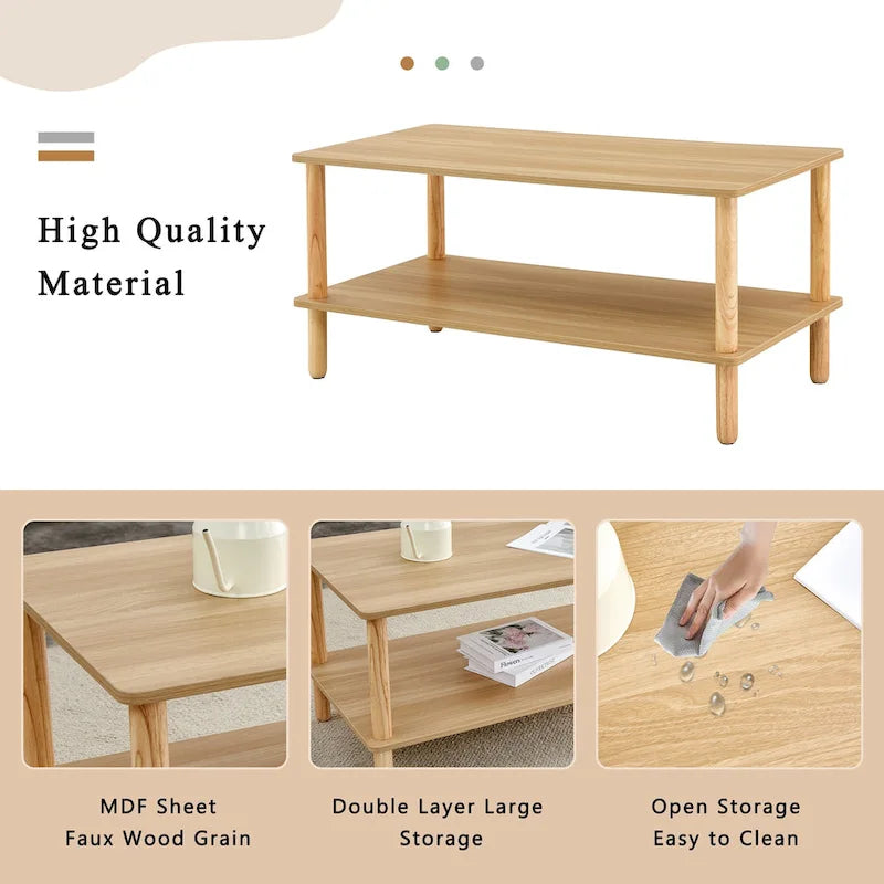 39-Inch Coffee Table with Two-Tier Design and Rubberwood Legs