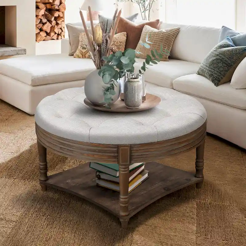 Round Storage Ottoman Coffee Table with Tufted Seat and Wooden Base
