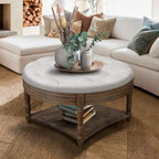 Round Storage Ottoman Coffee Table with Tufted Seat and Wooden Base