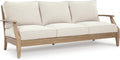 Signature Design by Ashley Clare View Coastal Outdoor Patio Eucalyptus Sofa with Cushions, Beige
