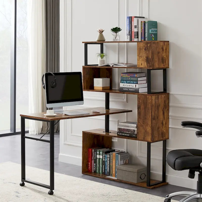 Modern Computer Desk with 5-Tier Shelves – Space-Saving Rotatable Workstation