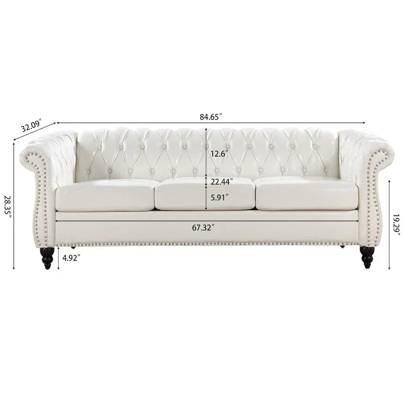 Cream 84.65 Traditional Chesterfield 3-Seater Sofa in PU Leather