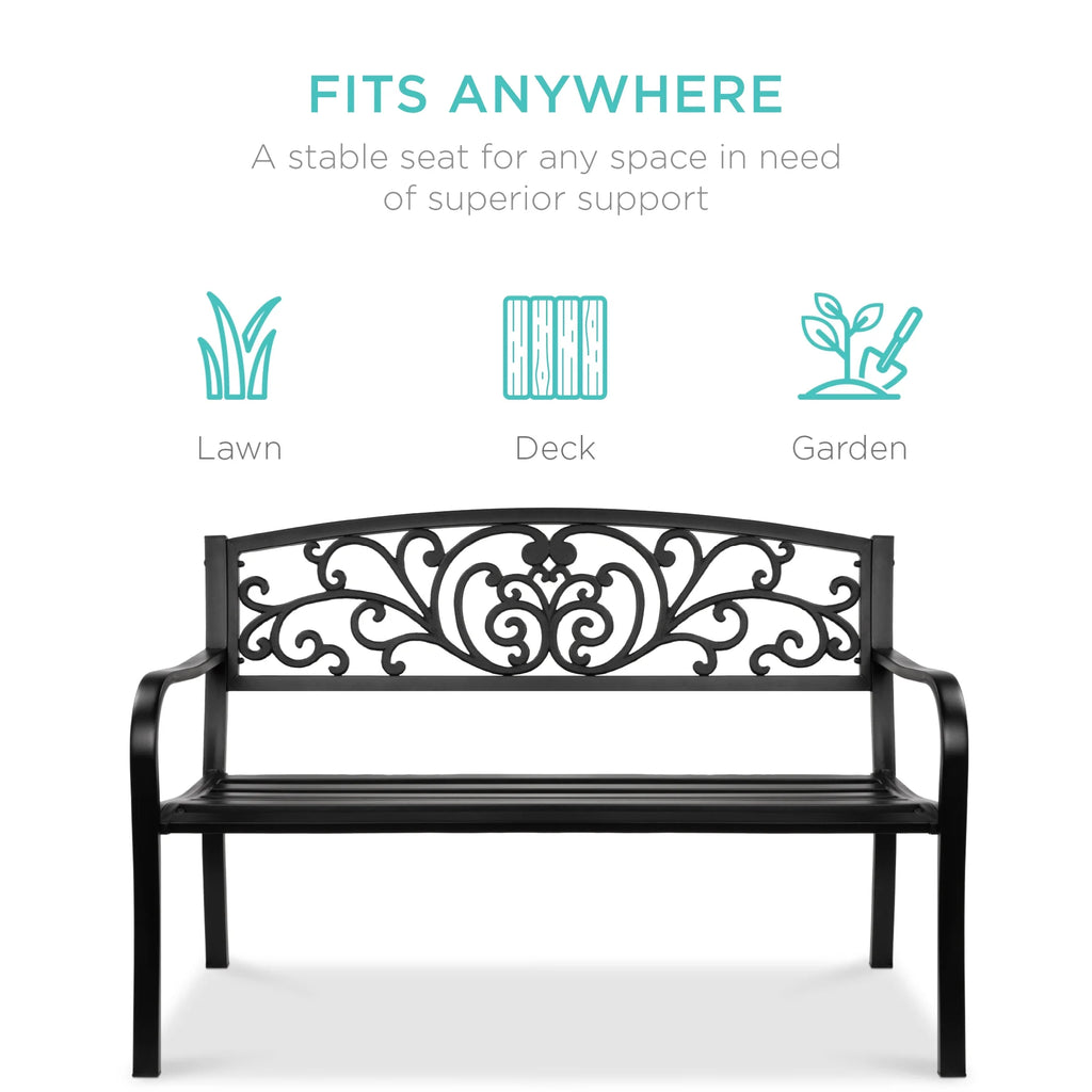 Best Choice Products Outdoor Steel Bench Garden Patio Porch Furniture W/ Floral Design Backrest - Black