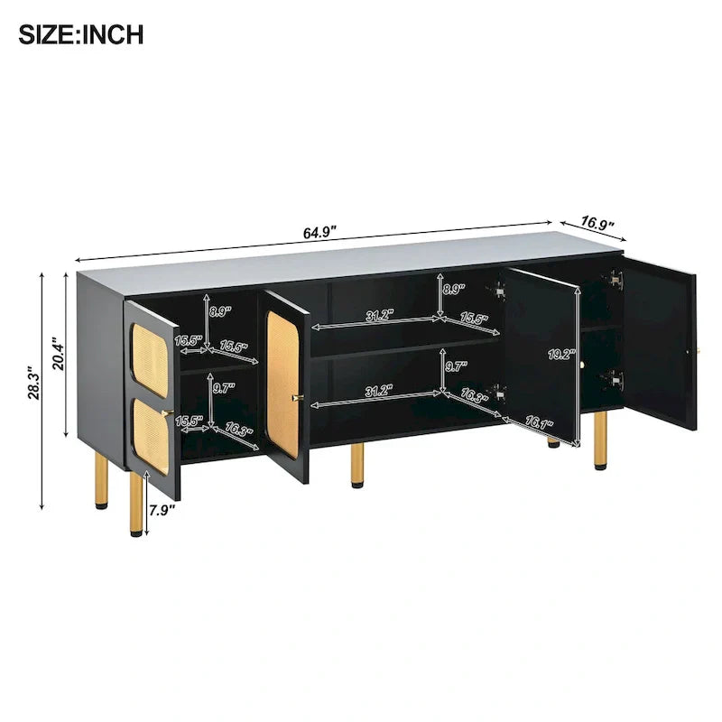 Bohemian Country Wood and Rattan TV Stand Media Console Storage Cabinet - Dimensions: 16.9" x 64.9" x 28.3"