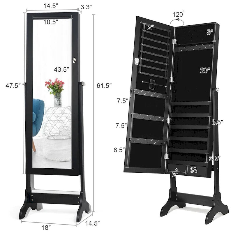 Elegant Mirrored Jewelry Cabinet with Drawers and Hooks - Dimensions: 18 x 14.5 x 61.5 inches