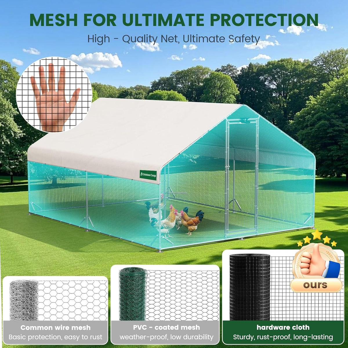 Large Walk-in Metal Chicken Coop with Run, Solar Light, UV Cover