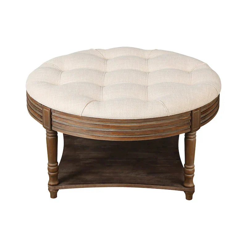 Round Storage Ottoman Coffee Table with Tufted Seat and Wooden Base