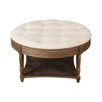 Round Storage Ottoman Coffee Table with Tufted Seat and Wooden Base