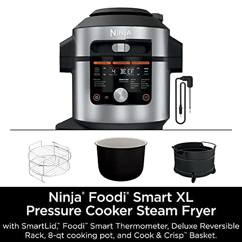Ninja OL701 Foodi 14 in 1 SMART XL 8 Qt. Pressure Cooker Steam Fryer with SmartLid & Thermometer   Auto Steam Release, that Air Fries, Proofs & More, 3 Layer Capacity, 5 Qt. Crisp Basket, Silver/Black