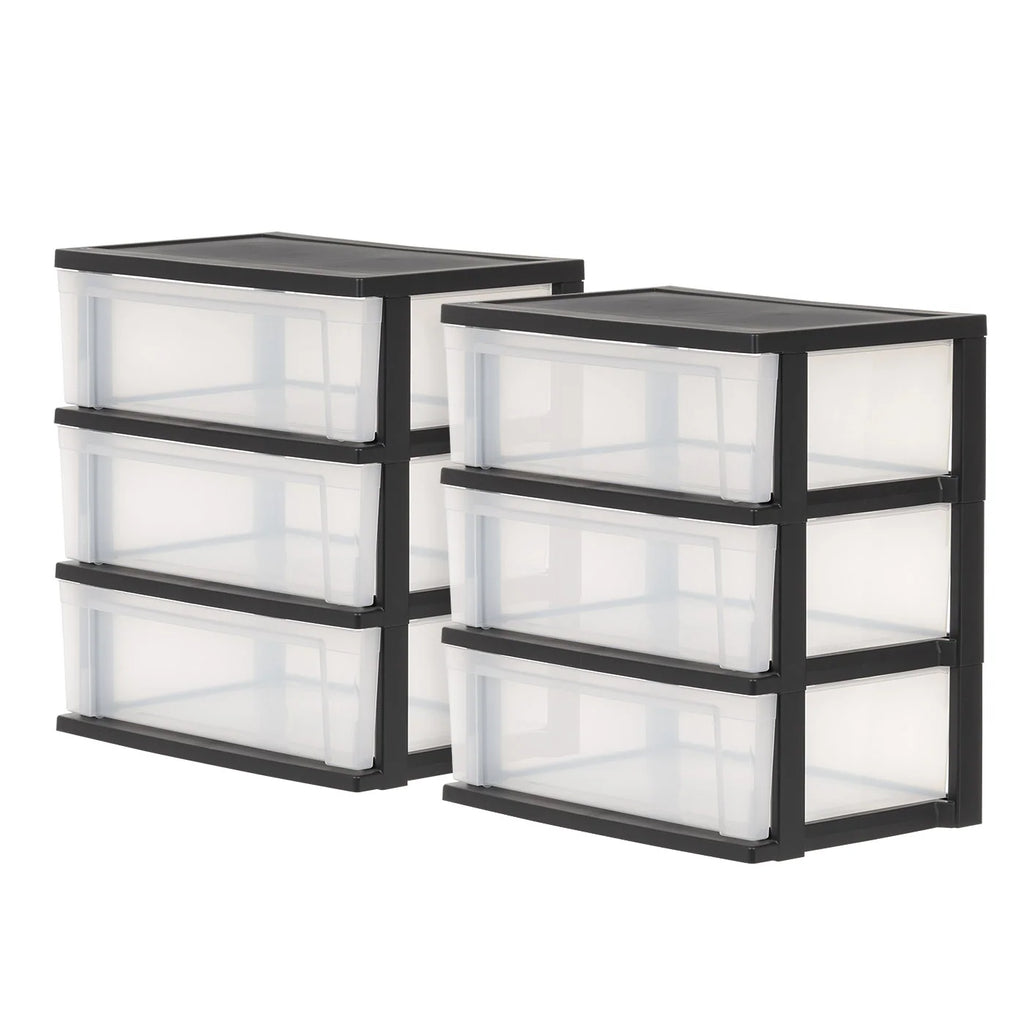 3-Drawer Wide Plastic Storage Drawer, Black, Set of 2