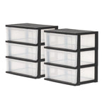 3-Drawer Wide Plastic Storage Drawer, Black, Set of 2