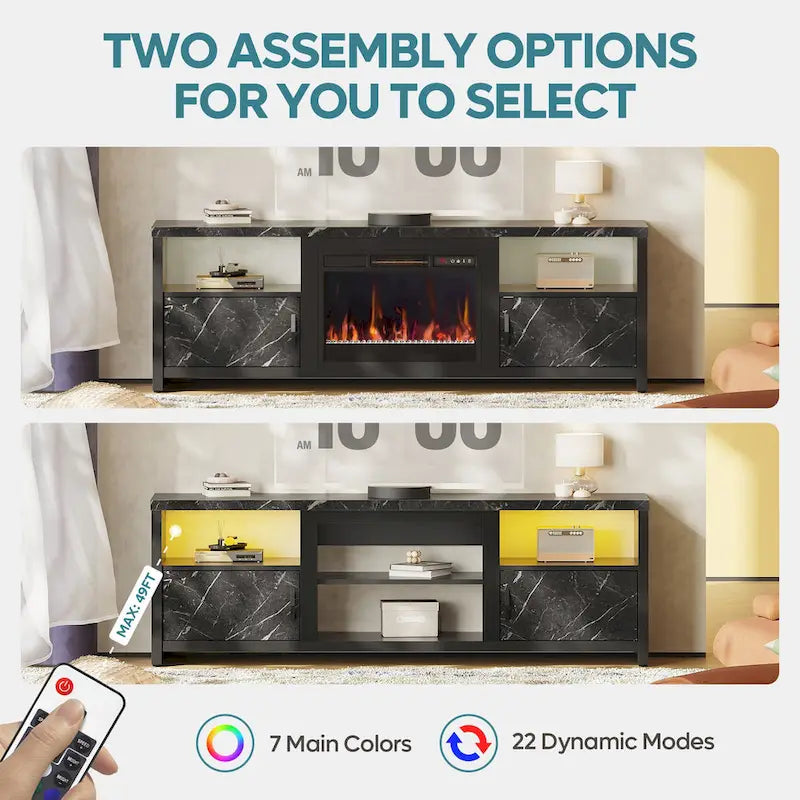 71-Inch TV Stand for 75-Inch TVs with LED Fireplace and Storage Cabinet
