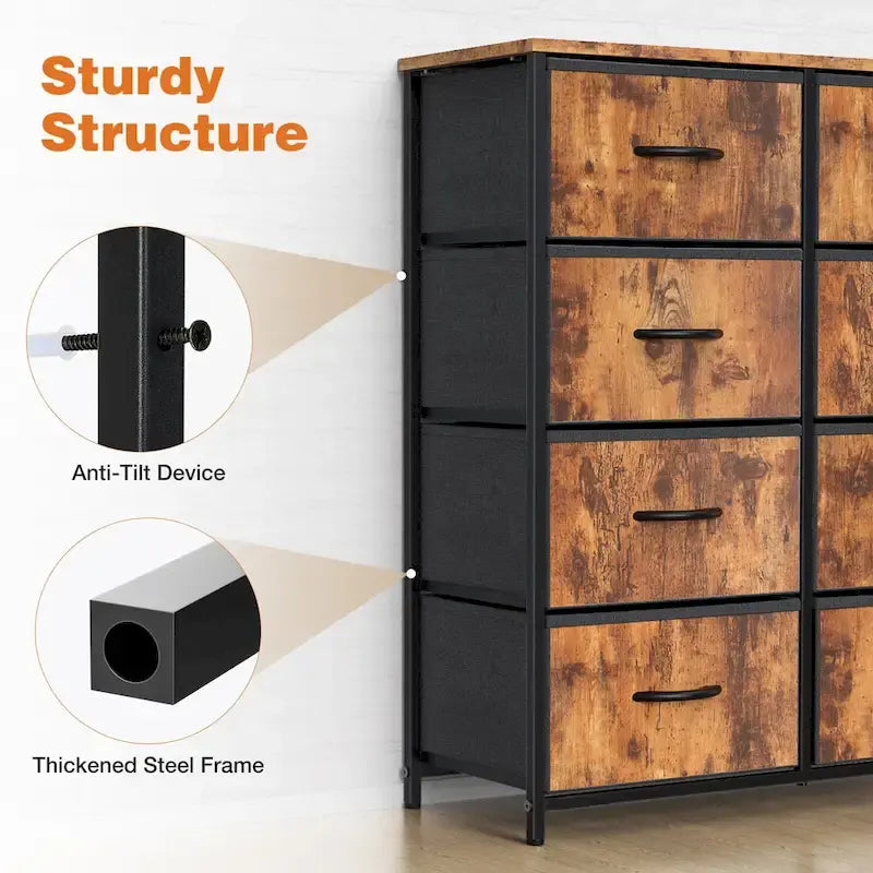 8-Drawer Tall Fabric Dresser with Wood Top and Sturdy Steel Frame - Stylish Bedroom Storage Solution