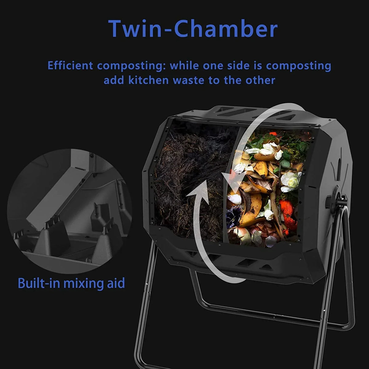 Large Compost Tumbler Bin Dual Compartment Better AirCirculation Efficient Compost BPA Free Sturdy Steel Frame 43Gallon (2 21.5Gal) Blue Door