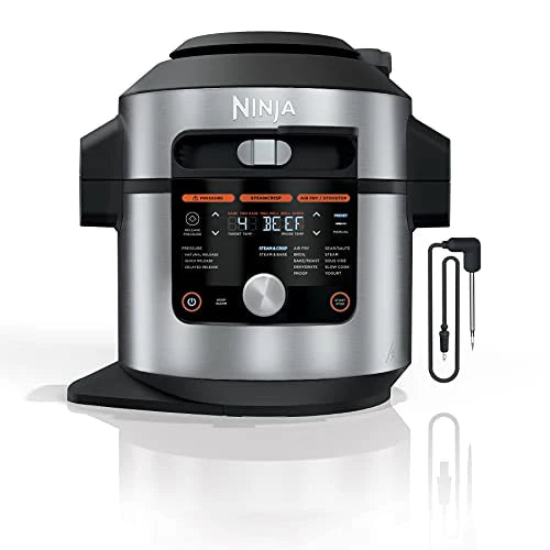Ninja OL701 Foodi 14 in 1 SMART XL 8 Qt. Pressure Cooker Steam Fryer with SmartLid & Thermometer   Auto Steam Release, that Air Fries, Proofs & More, 3 Layer Capacity, 5 Qt. Crisp Basket, Silver/Black
