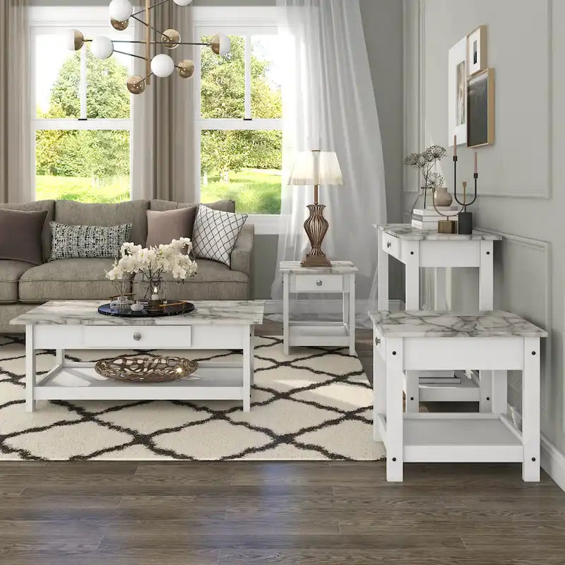 Denhour DH BASIC 4-Piece Open-Shelf Coffee Table Set with Drawer in Transitional Rubberwood