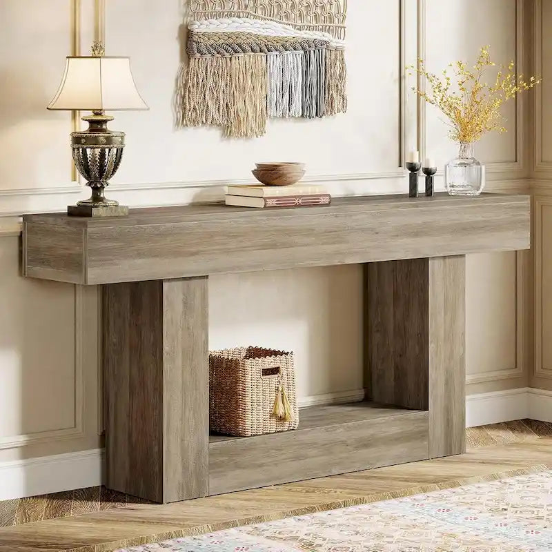 63-Inch Brown and Gray Slim Wooden Console Table for Entryway