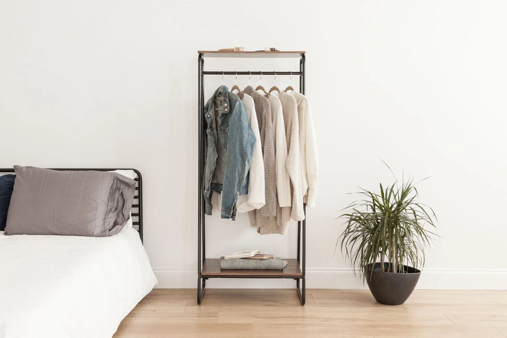 Metal Garment Rack with Wood Shelf - 2 Shelf | Black