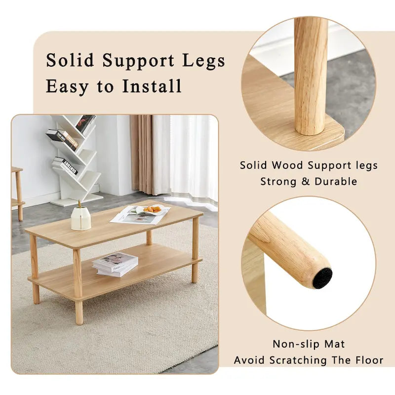 39-Inch Coffee Table with Two-Tier Design and Rubberwood Legs