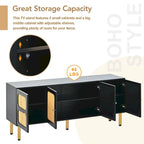 Bohemian Country Wood and Rattan TV Stand Media Console Storage Cabinet - Dimensions: 16.9" x 64.9" x 28.3"