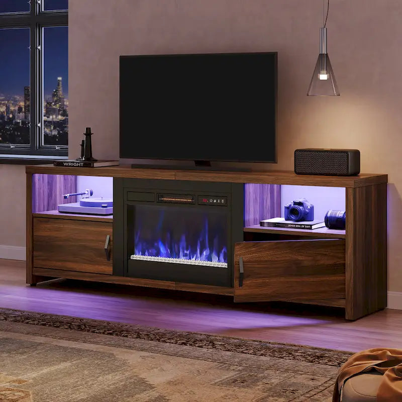 71-Inch TV Stand for 75-Inch TVs with LED Fireplace and Storage Cabinet
