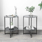 Black 2-Piece Tempered Glass End Table Set - Round Coffee Table for Bedroom, Living Room, and Office