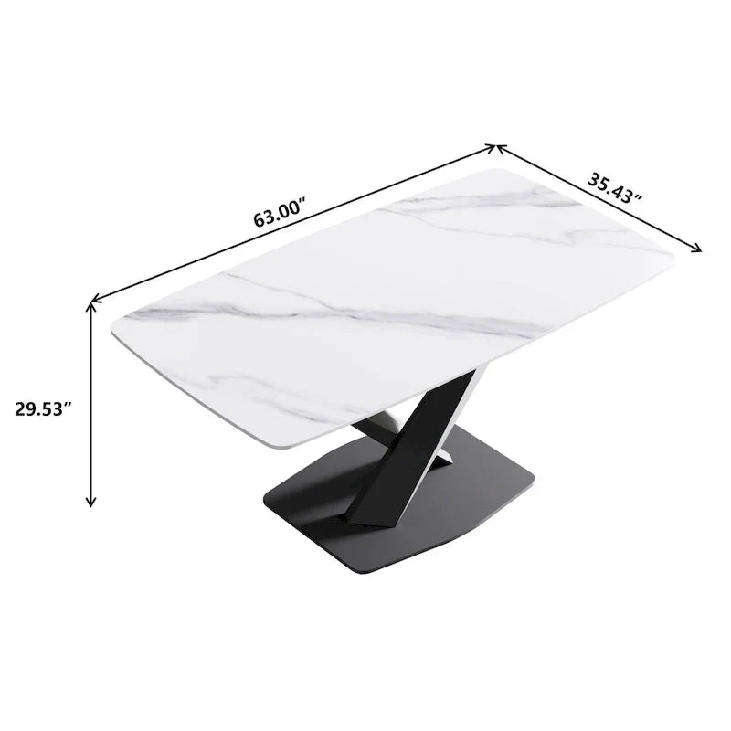 63-Inch Contemporary Dining Table with Slate Stone Surface and Metal Legs, Marble Finish