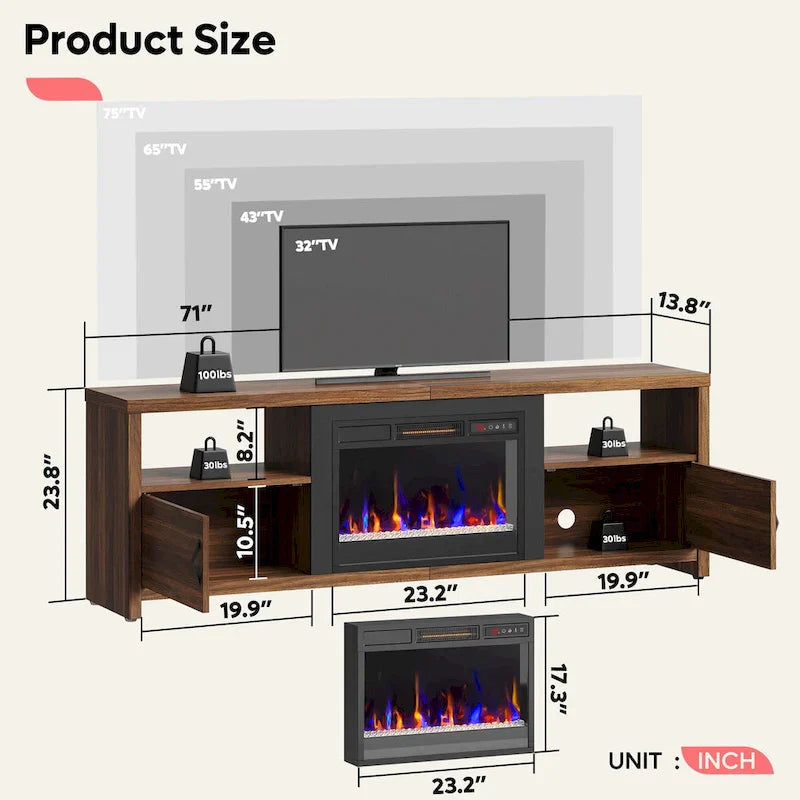71-Inch TV Stand for 75-Inch TVs with LED Fireplace and Storage Cabinet