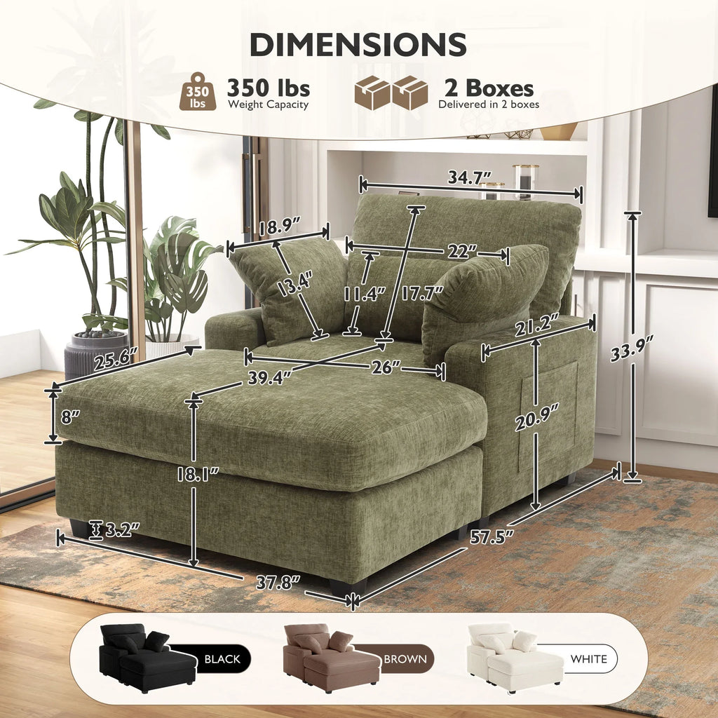 BedLuxury Oversized Accent Chair with Ottoman for Living Room, Single Sleeper Sofa Armchair with 3 Pillows, Lounge Sofa Bed, Green