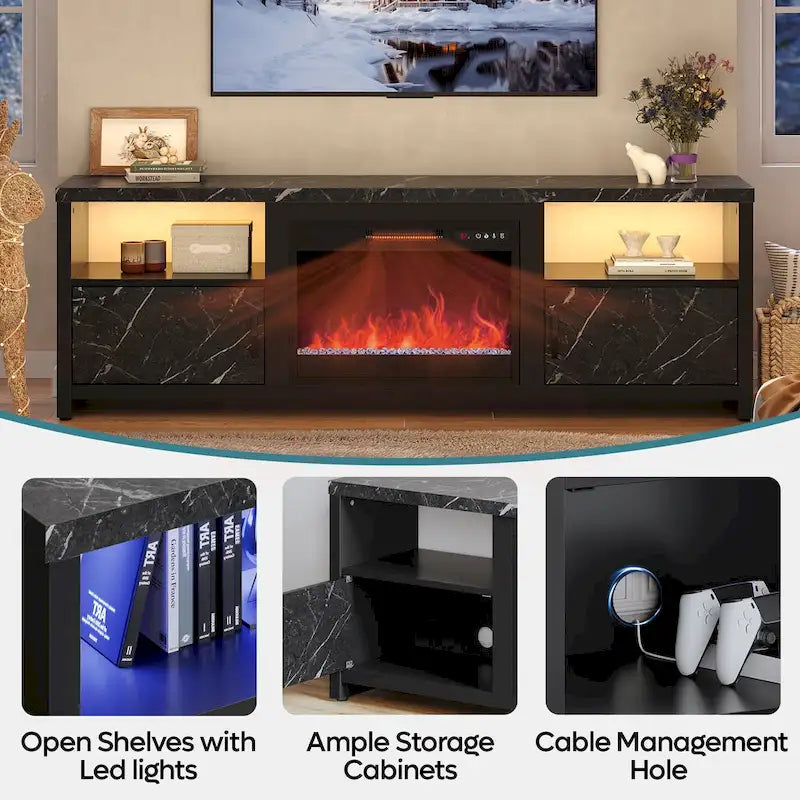 71-Inch TV Stand for 75-Inch TVs with LED Fireplace and Storage Cabinet