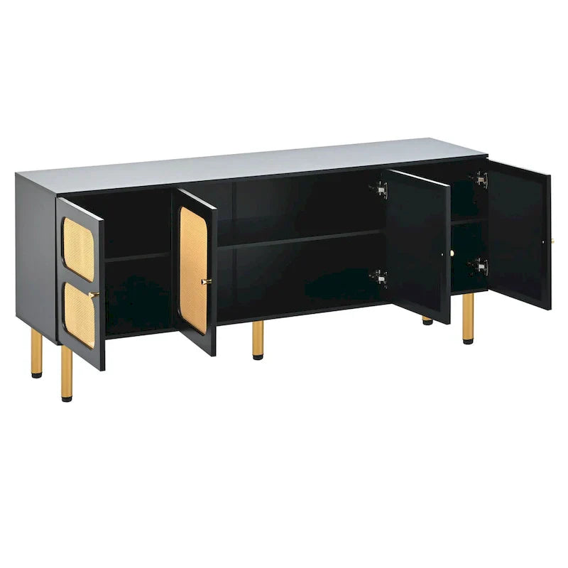 Bohemian Country Wood and Rattan TV Stand Media Console Storage Cabinet - Dimensions: 16.9" x 64.9" x 28.3"