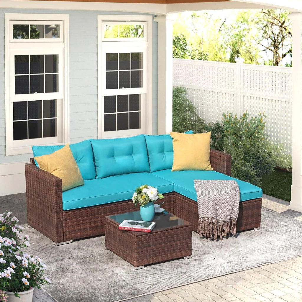JOIVI 3 Pieces Patio Conversation Set, PE Wicker Rattan Outdoor Furniture Set, 2 Ways Small Sectional Sofa, Tempered Glass Coffee Table, Silver-Gray
