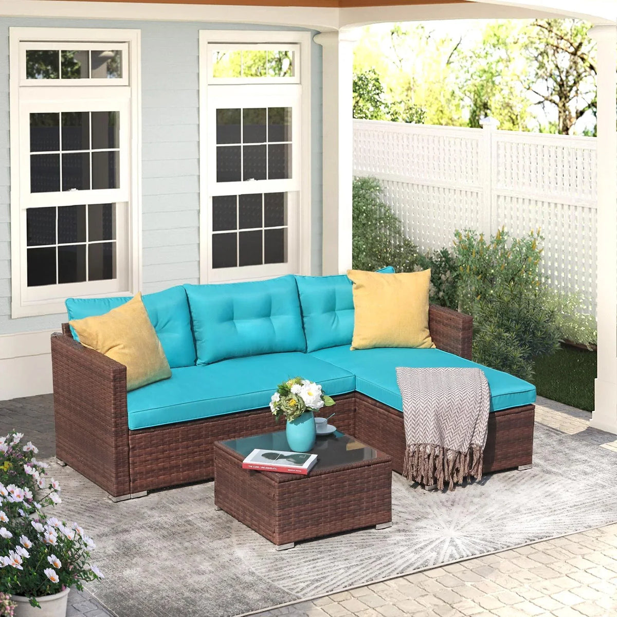 JOIVI 3 Pieces Patio Conversation Set, PE Wicker Rattan Outdoor Furniture Set, 2 Ways Small Sectional Sofa, Tempered Glass Coffee Table, Silver-Gray