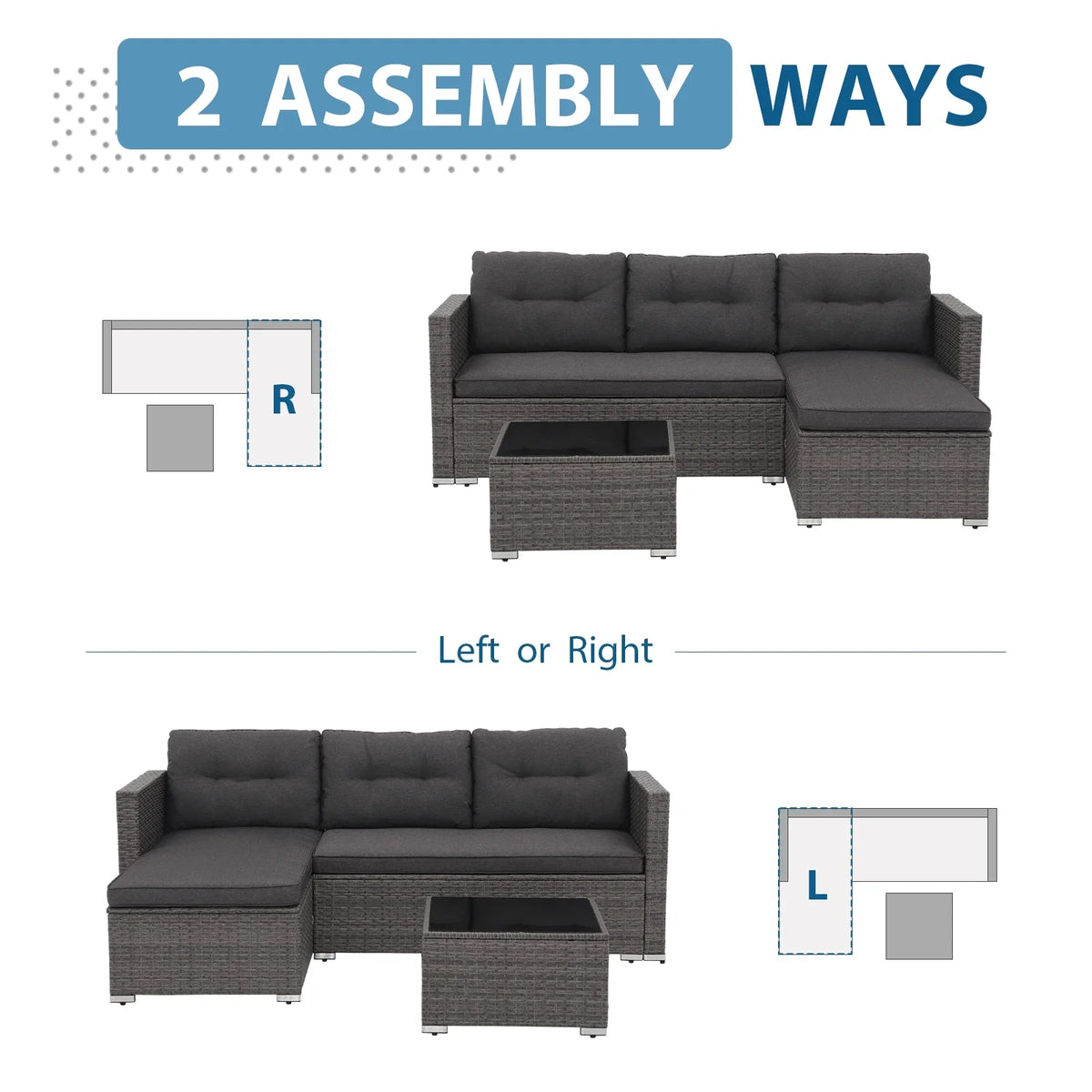 JOIVI 3 Pieces Patio Conversation Set, PE Wicker Rattan Outdoor Furniture Set, 2 Ways Small Sectional Sofa, Tempered Glass Coffee Table, Silver-Gray