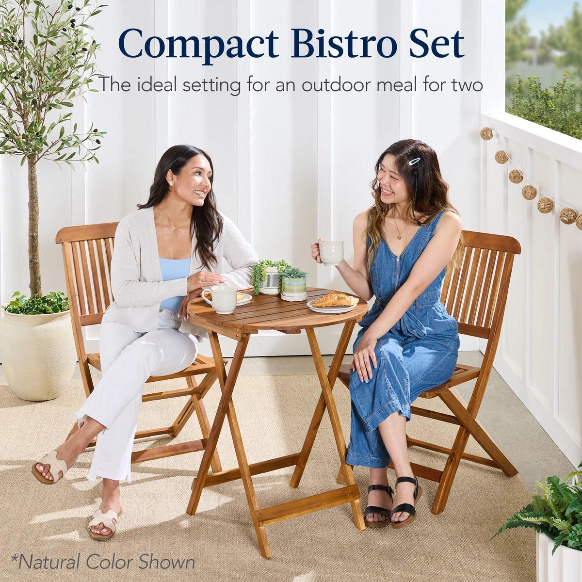 Best Choice Products 3-Piece Acacia Wood Bistro Set, Folding Patio Furniture w/ 2 Chairs, Table - Natural