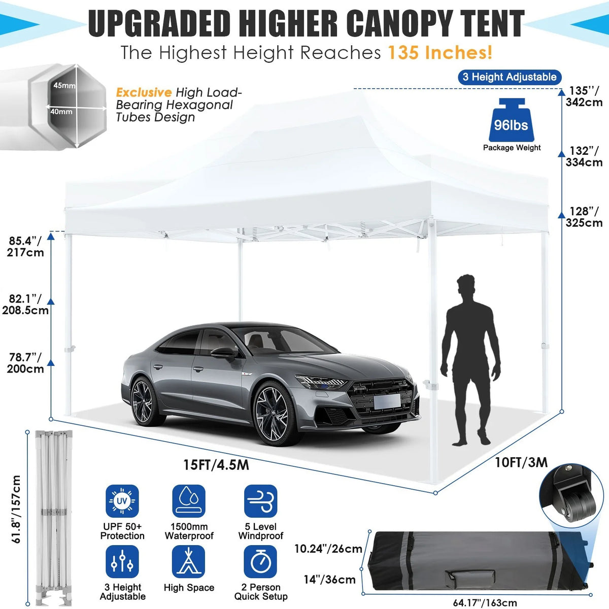HOTEEL 10x15 Heavy Duty Canopy Tent ,Pop up Canopy for Parties Wedding,Commercial Easy up Gazebo with Roller Bag,UV 50+ &,White